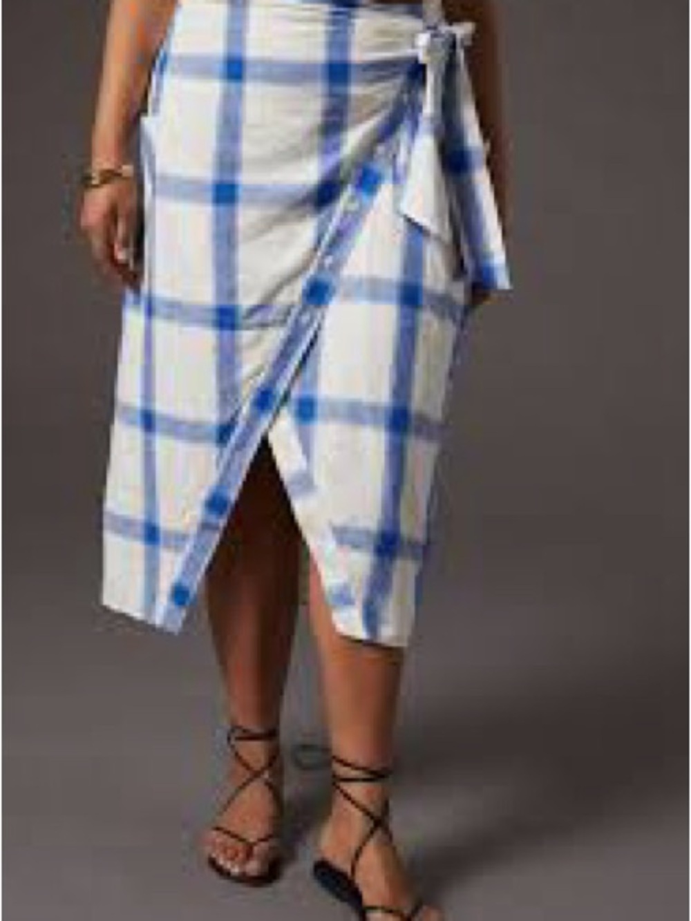 Maeve Anthro Blue and White Plaid Wrap Midi Skirt Asymmetrical Linen